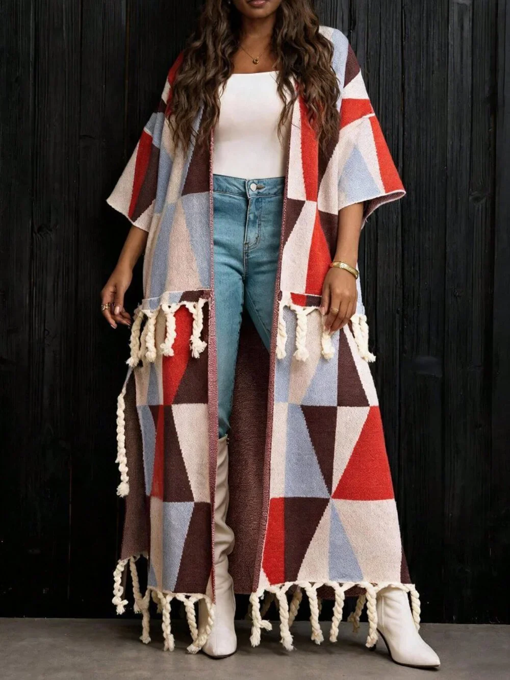 Multicolor Casual Women's Plus size Geometric Print Open front knit cardigan